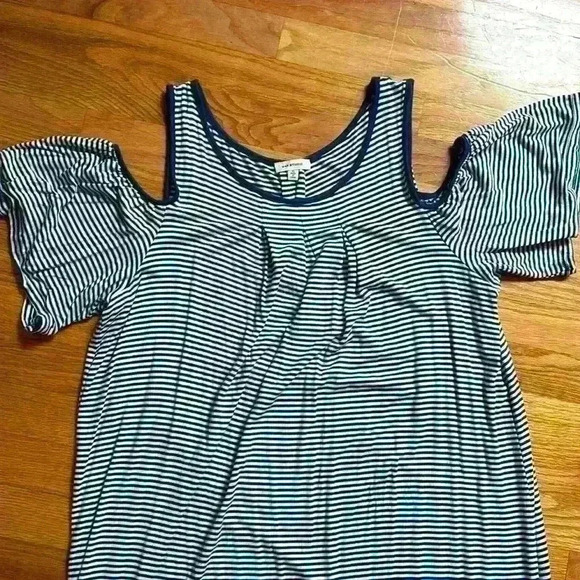 Max Studio Blue, White and Green Striped Knee Length On Off Shoulder Dress - Picture 4 of 5